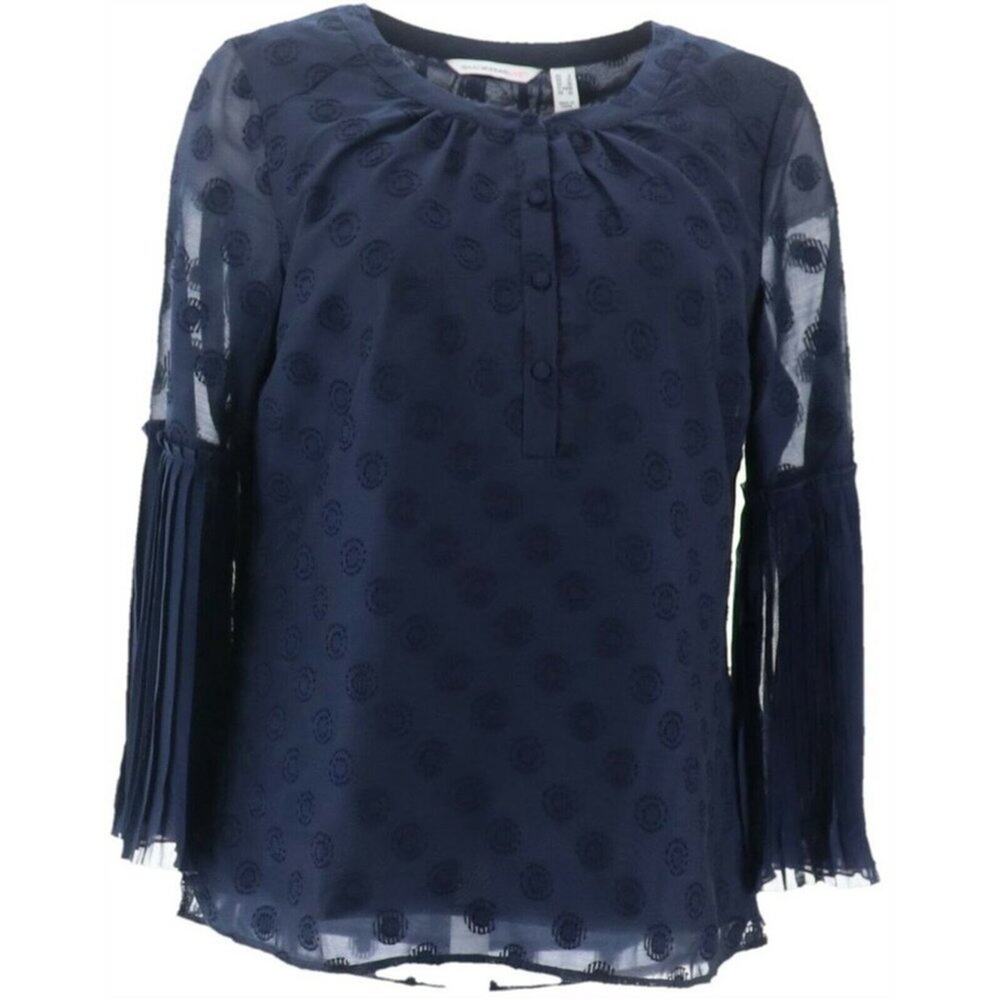 Isaac Mizrahi Navy Textured Dot Blouse 18W Pleated Bell Sleeve Plus Size NWOT - Picture 2 of 11